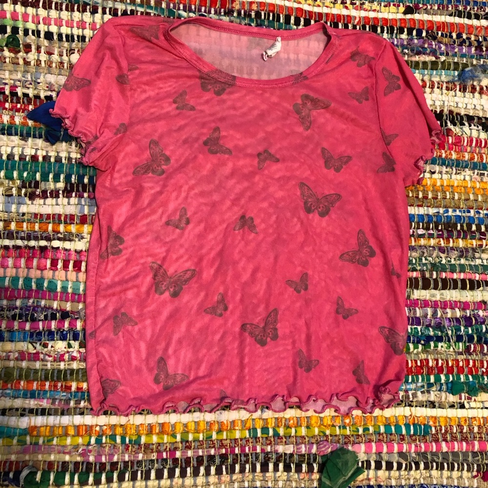 See through pink butterfly crop top